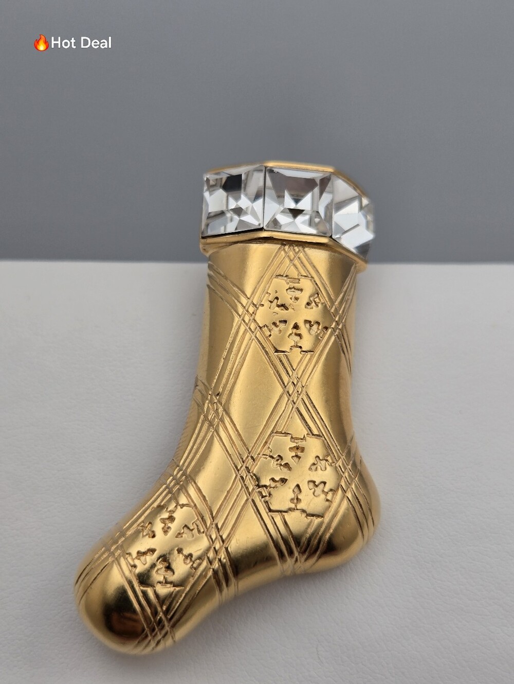 Vintage Monet Christmas Stocking Brooch Signed Gold Tone Rhinestone Snowflake
